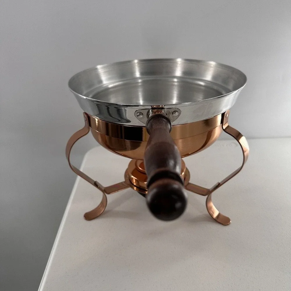 Iron and Copper Chafing‎ Dish Fondue Pan Set Wooden Handle Lightweight No Lid